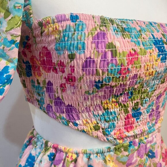 Sky To The Moon Cutout Floral Mini Dress Flare Puff Sleeve Smocked Open Back - Picture 11 of 12